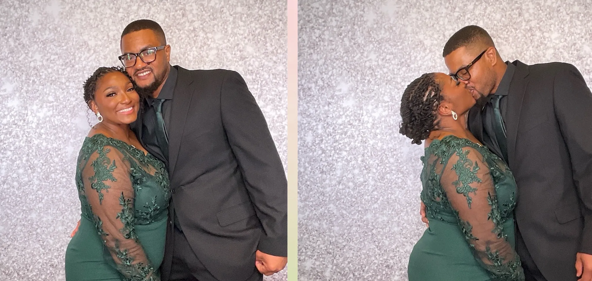 A couple posing together in front of a silver sequin backdrop