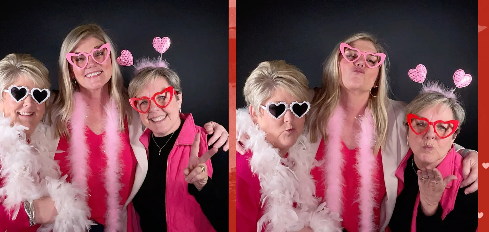 Three guests in heart shaped glasses and feather boas posing in the photo booth